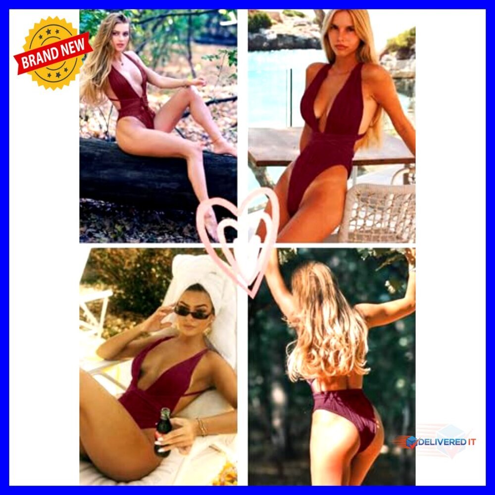 Deep V Neck Ribbed One Piece Swimsuit High Cut Crisscross Back - Picture 4 of 7